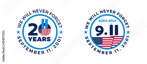 September 11, 2001 - 911 20 Years Patriot Day badges with USA flag - circle shape vector illustration