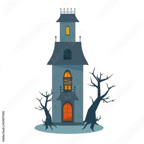 Scary haunted house and broken windows  Halloween horror house. Vector illustration in flat style.