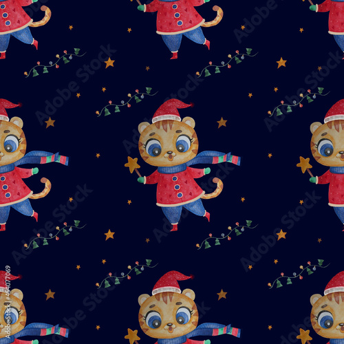 Seamless pattern with cute tiger. Beautiful New Year character in winter clothes on a dark blue background with Christmas decor and stars. Watercolor. Hand drawing for Childrens collection © Ludmila