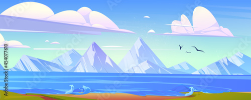 River or lake shore with green grass and waves. Vector cartoon illustration of summer landscape with blue water, beach, white mountains on horizon and flying birds