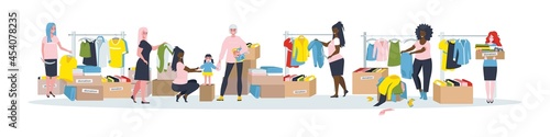 A generous donation of clothing and items to charity. Women sort through boxes of clothes. Vector illustration