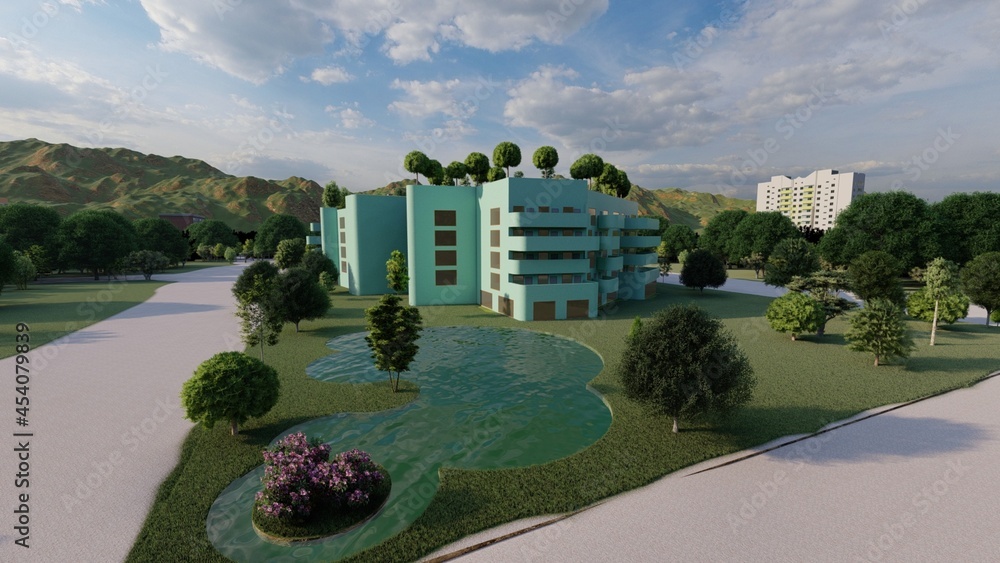 Fototapeta premium eco-hostel, 3d house project, 3d max, render, View in perspective