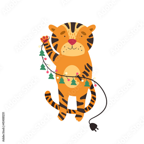 Fototapeta Naklejka Na Ścianę i Meble -  Cute tiger and Christmas garland. Vector illustration in cartoon style.