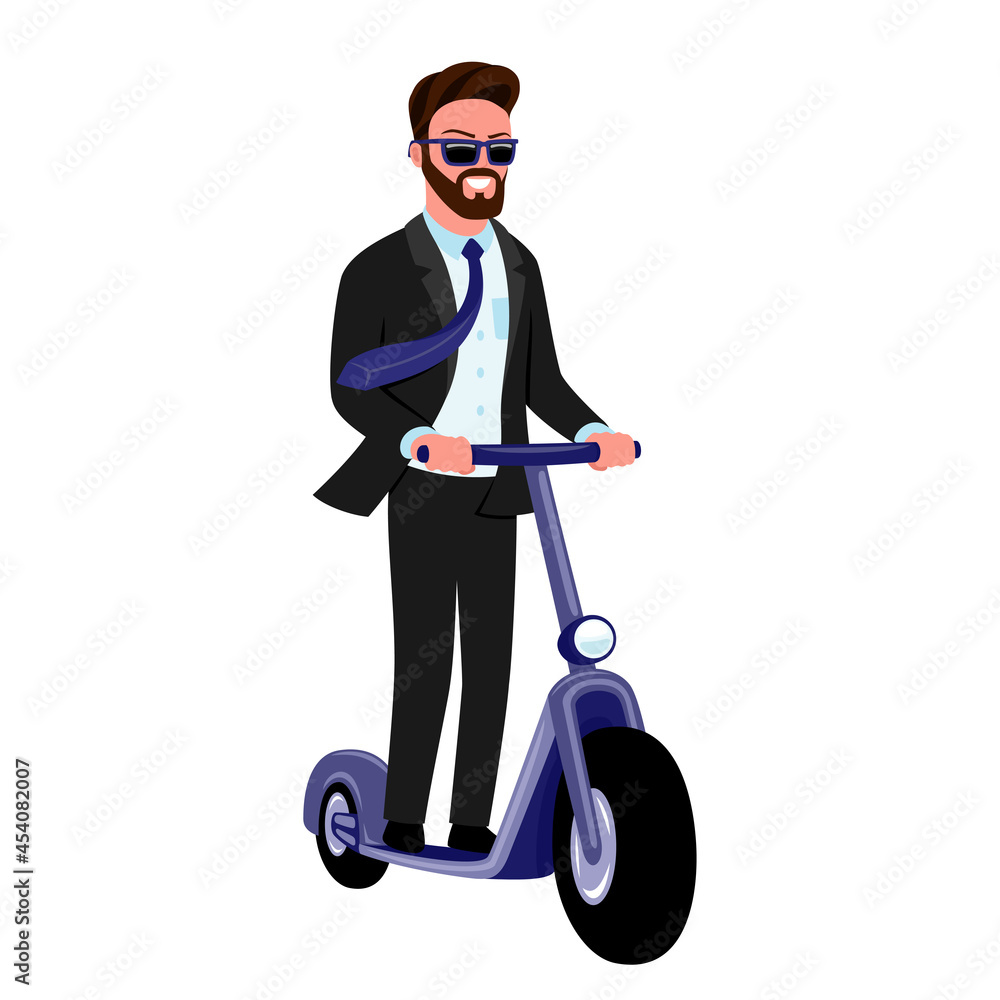 Business man in sunglasses rides an electric scooter on a white background. Business man in sunglasses rides an electric scooter on a white background.