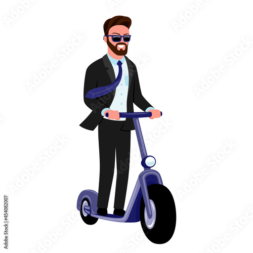 Business man in sunglasses rides an electric scooter on a white background.