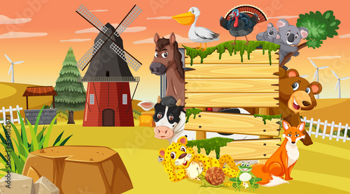 Empty wooden board with various wild animals in the farm