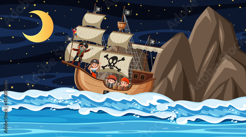 Ocean with Pirate ship at night scene in cartoon style