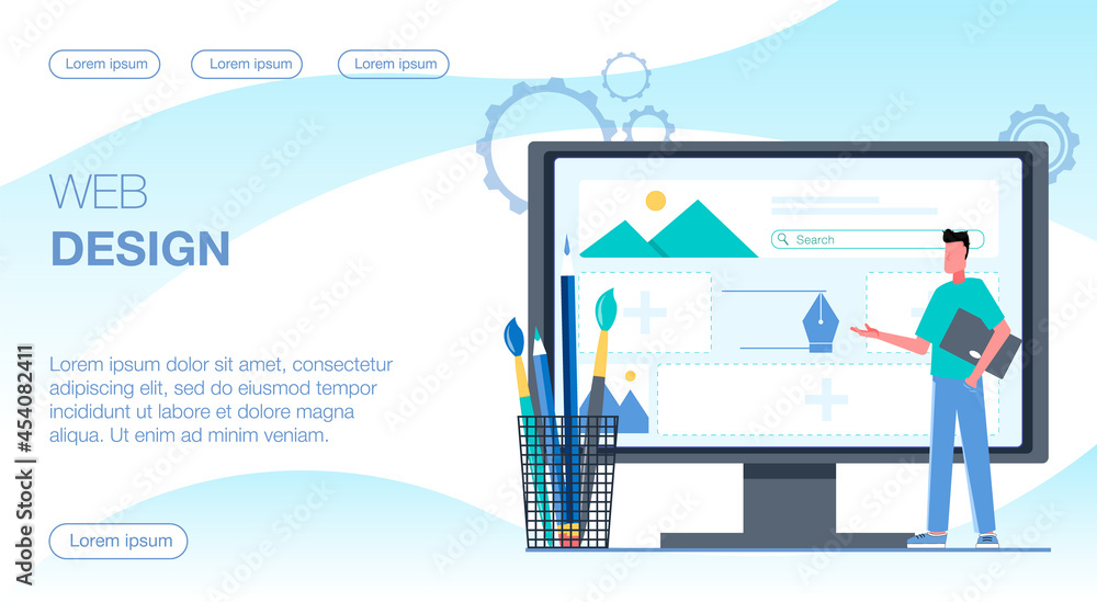 A man does web design. On the monitor is a site with pictures and text, and next to it is a glass with pencils and brushes. Flat vector illustration.