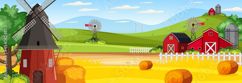 Farm horizontal landscape scene with barn and windmill