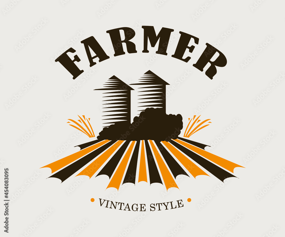 Farm logo, vintage vector illustration, food organic emblem. - obrazy, fototapety, plakaty 