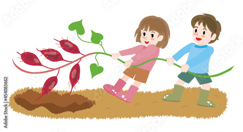 芋掘りをする子供たちのイラスト