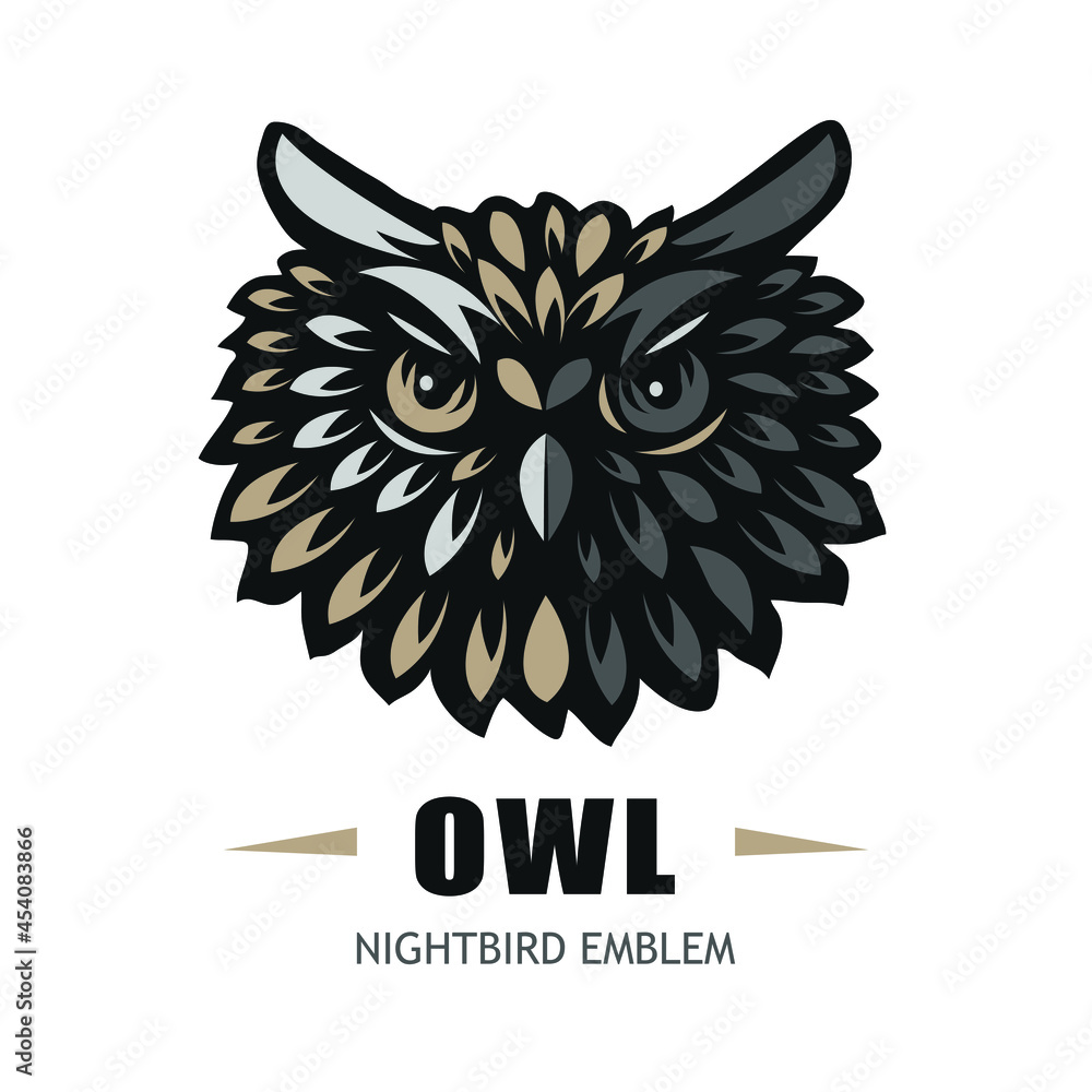 Owl vector illustration, nightbird emblem on white background, - obrazy, fototapety, plakaty 