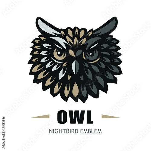 Owl vector illustration, nightbird emblem on white background, photo
