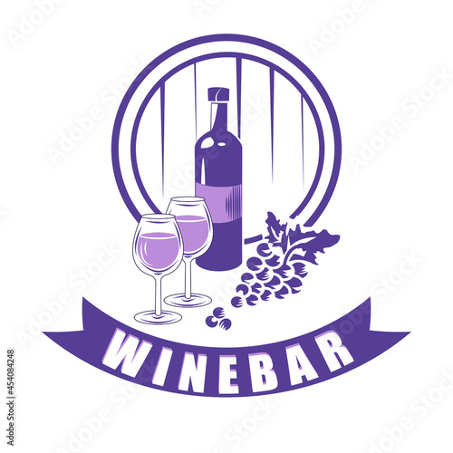 Bottle of wine and grapes logo - vector illustration, emblem design on white background.