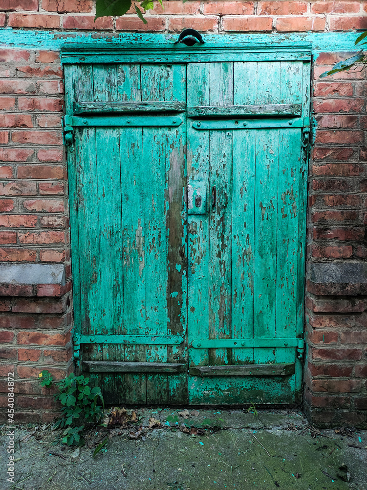 Old green wooden door in a brick wall, vertical photo