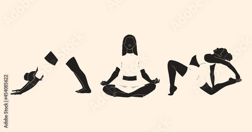 Set of women in different yoga poses. Minimalism. Vector illustration.