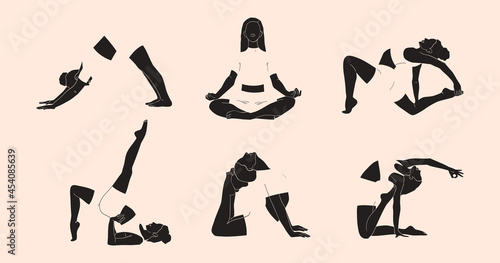 Collection of minimalistic women in different yoga poses. Abstraction. Vector illustration.