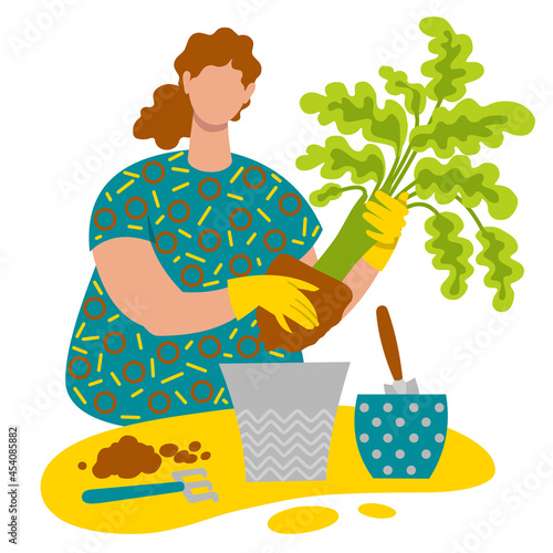 A woman in garden gloves transplants a houseplant into a larger pot. The concept of care and cultivation of houseplants. Home gardening and hobbies. Flat style isolated on white background. Vector.