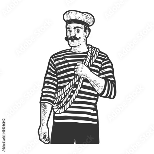 sailor man sketch engraving vector illustration. T-shirt apparel print design. Scratch board imitation. Black and white hand drawn image.