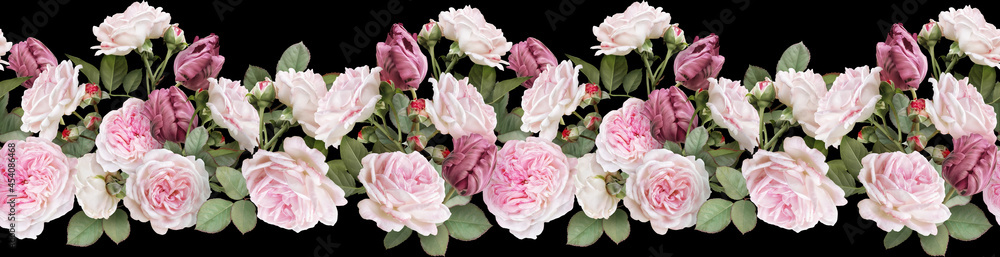 Seamless border with flowers. Roses and tulips isolated on black background. Seamless border with flowers. Roses and tulips isolated on black background.