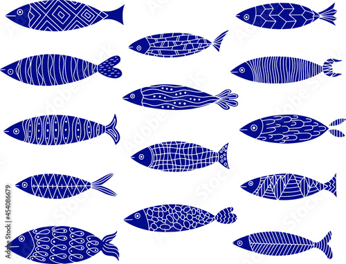 Marine fishes. Collection of stylized fish. Funny doodle set