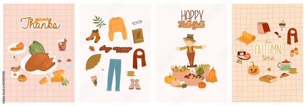 Fototapeta premium Set of invitation card - Cozy Autumn. Autumn holiday, seasonal food, decor, outfit. Cute illustration in Hygge style. Editable Vector Illustration.