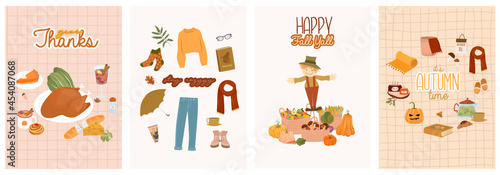 Set of invitation card - Cozy Autumn. Autumn holiday, seasonal food, decor, outfit. Cute illustration  in Hygge style. Editable Vector Illustration.
