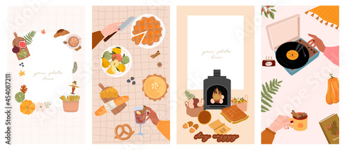 Set of stories template for social media with place for a photo. Autumn frame, seasonal food, decor, outfit. Cute illustration in Hygge style. Editable Vector Illustration.