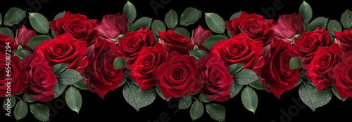 Seamless border with flowers. Red roses isolated on black background. photo