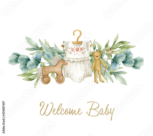 фотографія Watercolor illustration card welcome baby with eucalyptus, baby romper, toys