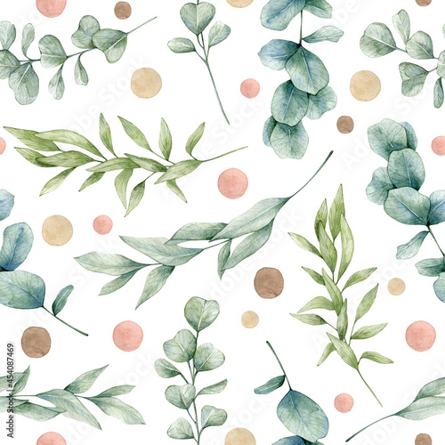 Fototapeta Naklejka Na Ścianę i Meble -  Watercolor seamless pattern with green eucalyptus and polka dots. Isolated on white background. Hand drawn clipart. Perfect for card, fabric, tags, invitation, printing, wrapping.