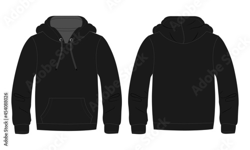 Hoodie. Technical fashion flat sketch Vector template.  Cotton fleece fabric Apparel hooded sweatshirt illustration black color mock up. Clothing outwear jumper Front back views. Men, unisex top CAD.