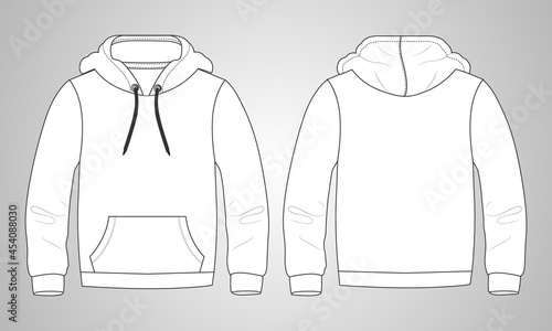 Hoodie Technical fashion flat sketch Vector template.  Cotton fleece fabric Apparel hooded sweatshirt illustration  mock up Front, back views. Clothing outwear Jumper Men, unisex top CAD.