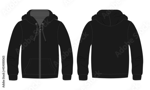 Hoodie. Technical fashion flat sketch Vector template.  Cotton fleece fabric Apparel hooded with zipper sweatshirt illustration black color mock up Front, back views. Clothing outwear Men's top CAD.