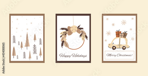 Boho christmas set of cards in cute doodle style
