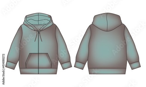 Hoodie. Technical fashion flat sketch Vector template. Cotton fleece Apparel sweatshirt With acid washed body fabric clothing hood illustration mock up outwear jumper. Men, unisex top CAD.