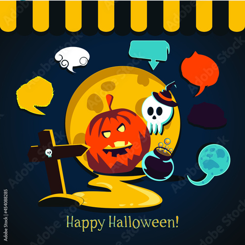 Happy Halloween. Background with pumpkin, potion pot, skull, puddle of fire, witch hat. Set of underlays for inscriptions.