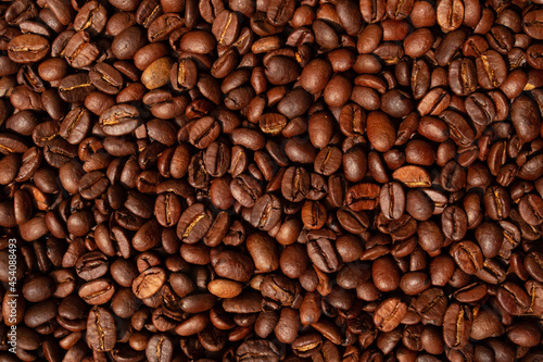 Coffee beans, top view background