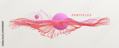 Point explode. Array with dynamic emitted particles. 3D vector illustration for a poster, banner or card about science fiction, galaxy and space.