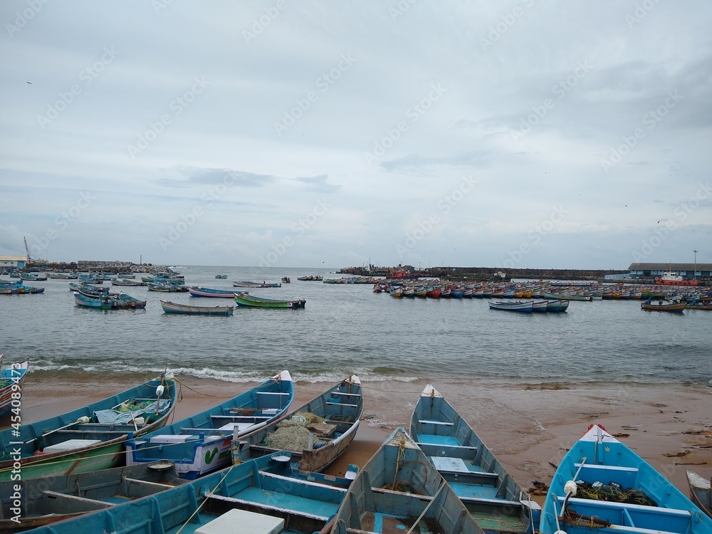 fishing boats in vizhinjam Harbor, Thiruvananthapuram Kerala, seascape view