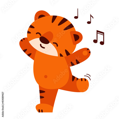 A cute tiger dances to the music. Vector illustration in cartoon style. Isolated on a white background.