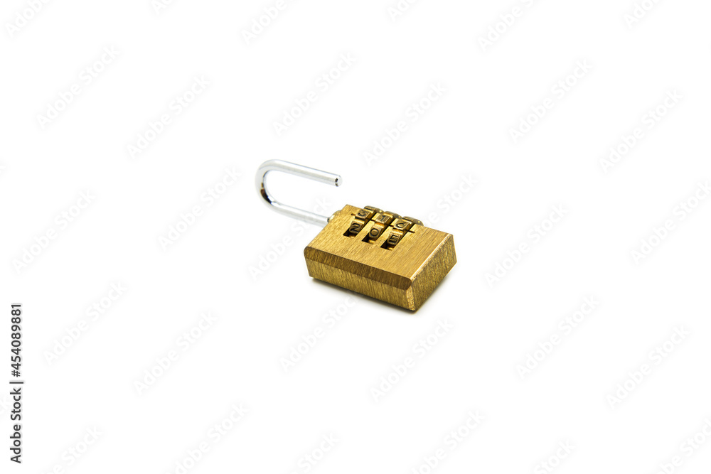 Combination private access brass lock with number code or password to unlock, Isolated on white background with copy space, Padlock used for luggage bag safety and security to prevent theft. Combination private access brass lock with number code or password to unlock, Isolated on white background with copy space, Padlock used for luggage bag safety and security to prevent theft.