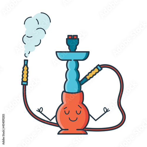Hookah in the lotus position, doing yoga and relaxing. Vector colorful illustration in flat style