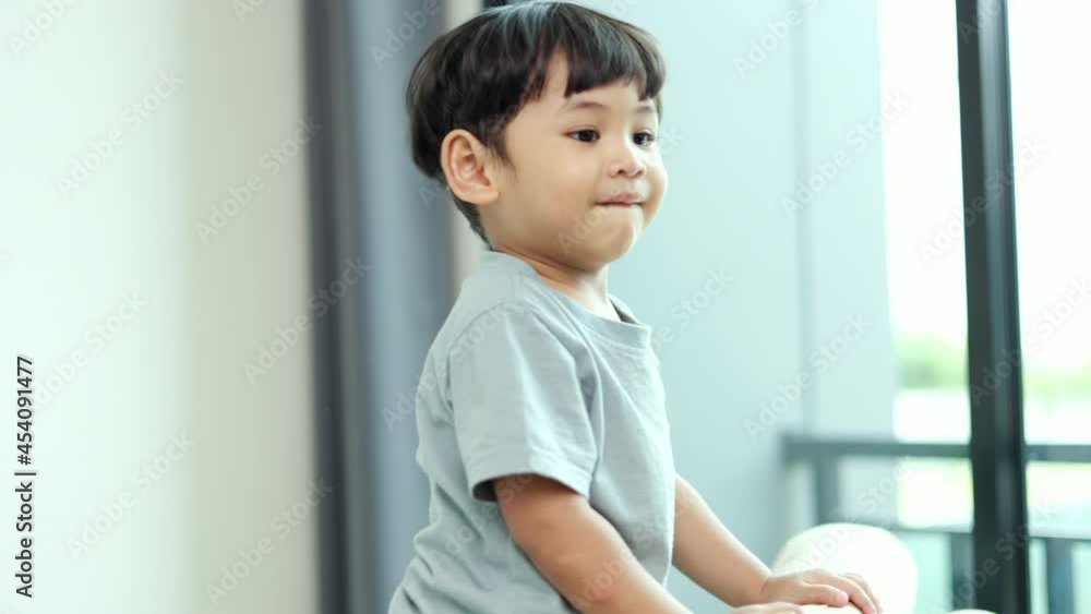 Cute little Asian boy playing on the sofa in the house having fun with his parents. He was wearing a light blue shirt in the living room.
Cute little Asian boy playing on the sofa in the house having fun with his parents. He was wearing a light blue shirt in the living room.