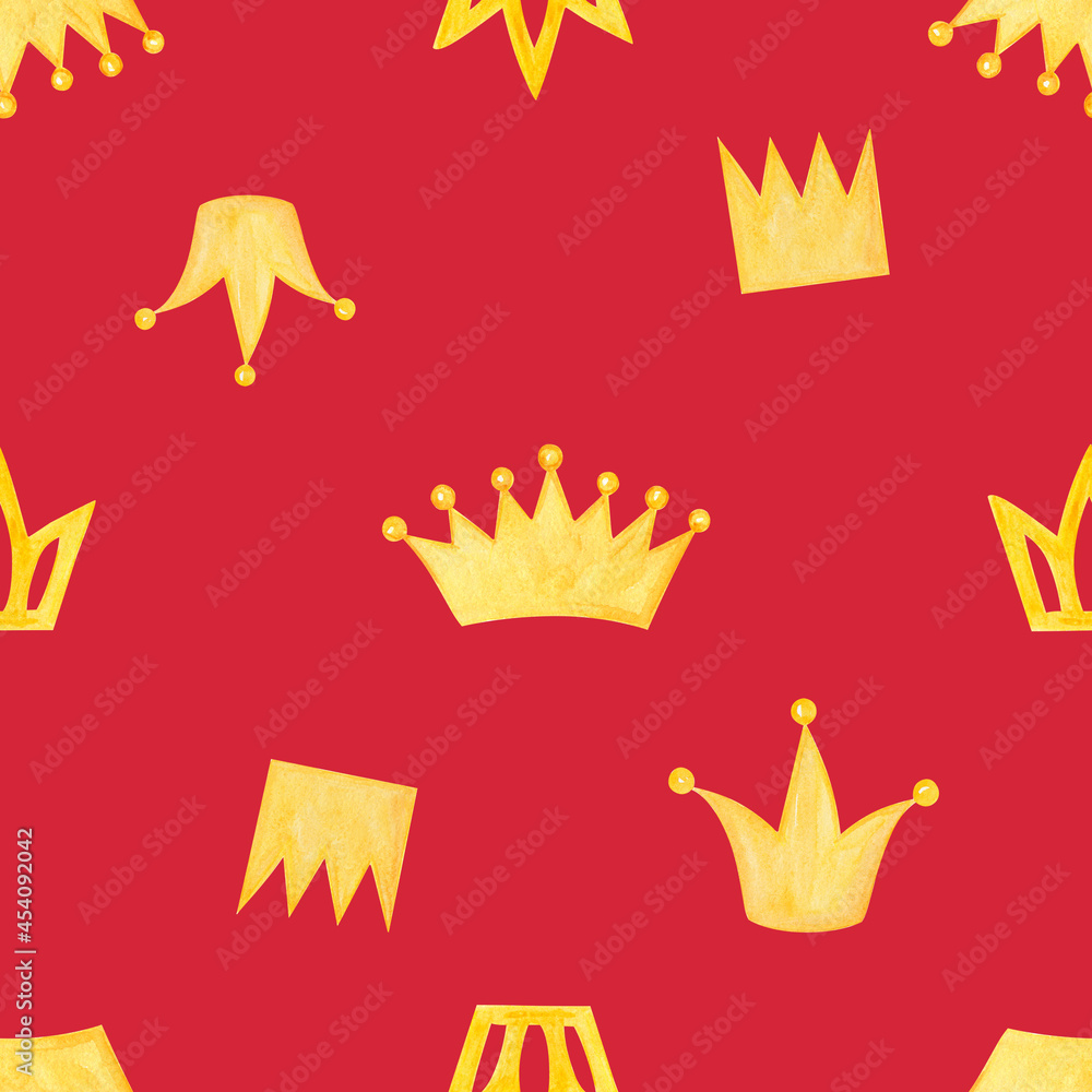 Watercolor yellow crowns seamless pattern on red background. Watercolor yellow crowns seamless pattern on red background.