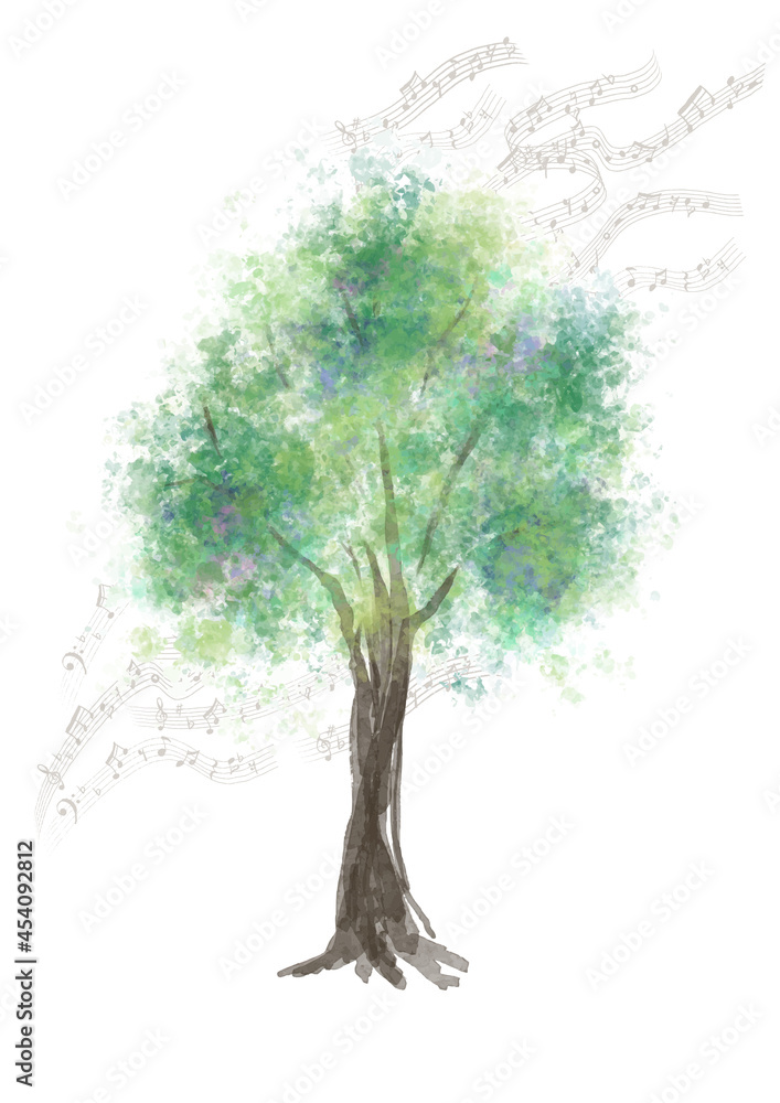 Obraz premium 水彩画の樹木 音符 音楽会 手書きイラスト ベクター素材 森林 