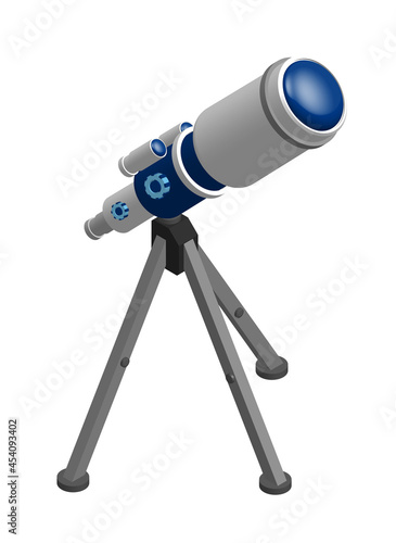Isometric Telescope on tripod for observing space, stars and planets of solar system. Space exploration. Realistic 3D vector on white background