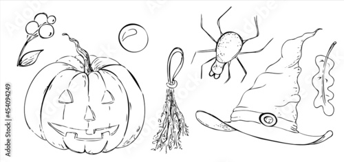 Hand drawn Halloween set illustration, engraving, ink, line art, vector