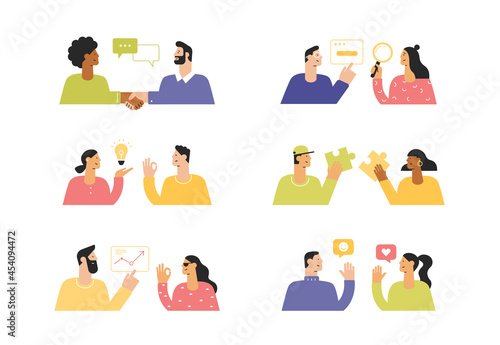 Vector cartoon characters for web and mobile apps. Social and business concept. Interaction between people. Solution problems, new ideas, handshake. Flat design, modern style, isolated on white 