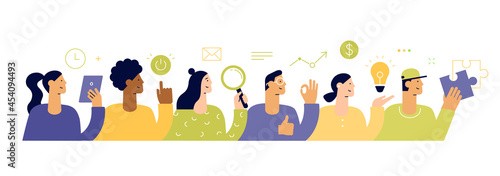 Vector illustration for web banner and mobile app. Cartoon male and female characters. Business and social concept. People with icons and speech bubble. Modern flat design, isolated on white © Marina